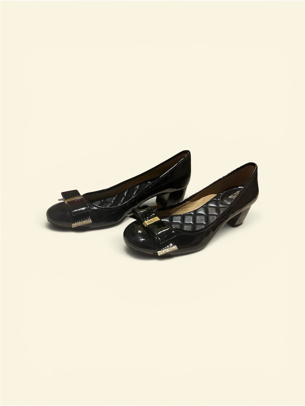 Michael Kors Black Leather Patent Low Heel Pumps with Gold Accent